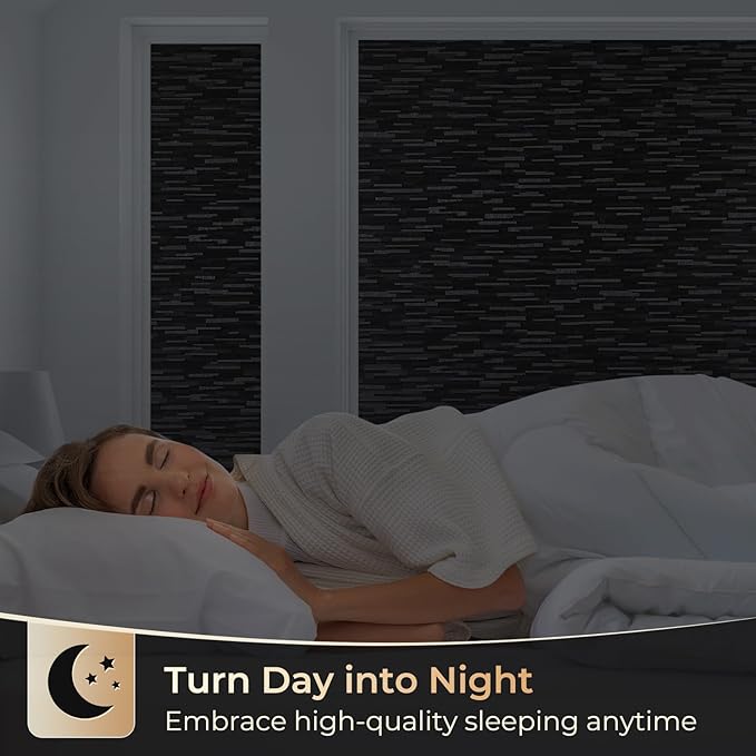 rabbitgoo Blackout Window Film, Sun Blocking Privacy Film for Room Darkening, Removable Black Out Vinyl Cover Tint for Home Day Sleep, Anti-UV Frosted Glass Clings, Black, 35.4 x 157.4 Inches