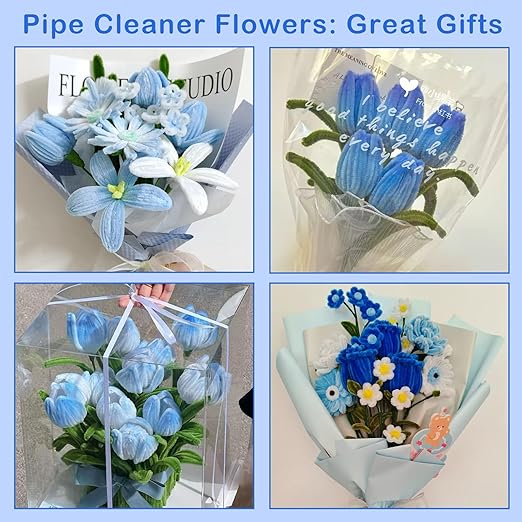 600Pcs Pipe Cleaners Craft,Multiple Assorted Colors Pipe Cleaners Bulk, Chenille Stems for DIY Flower Making Kit with Floral Wires, Gardening Tape,Stamen& Ribbon (Blue)