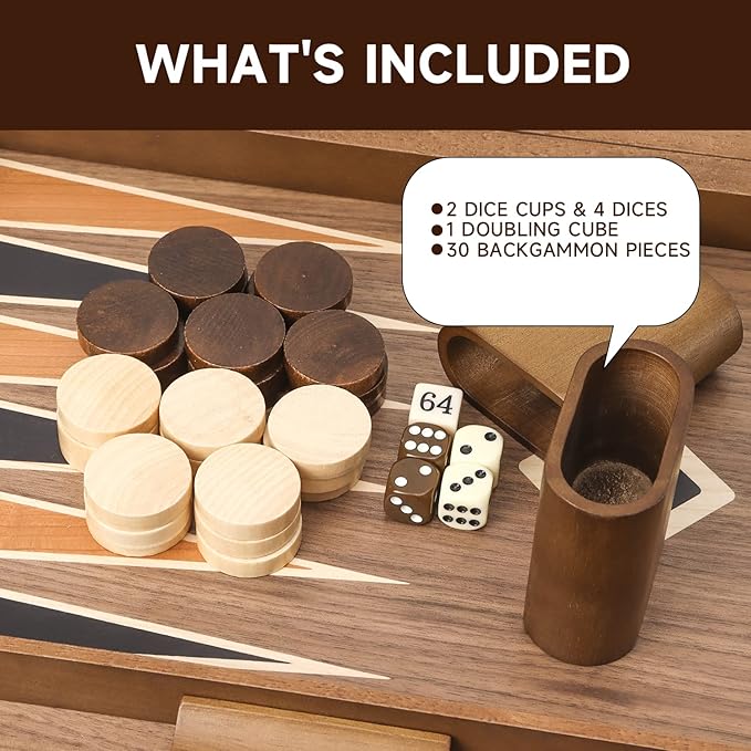 GSE Games & Sports Expert Premium Wooden Folding Inlay Backgammon Board Set, Classic Traditional Strategy Board Games (Star- 17 Inches)