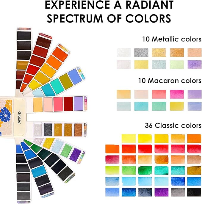 Grabie Watercolor Paint Set, 56 Colors Handheld Watercolor Set of Water Brush Pen, Palette and Removable Sponge, Portable Watercolor Paint for Artist Beginner and Professional
