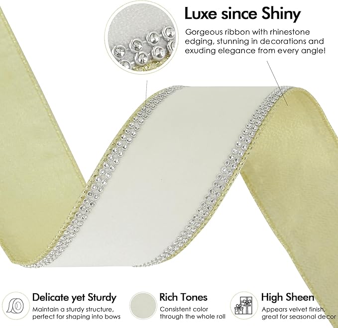 MEEDEE Gold & White Velvet with Rhinstone Edge Wired Ribbon 2.5 Inch Luxury Jeweled Ribbon 5 Yards Sparkling Rhinestone Trim for Christmas Tree, Garland, Wreaths, Holiday Home Decor, Wedding Decor