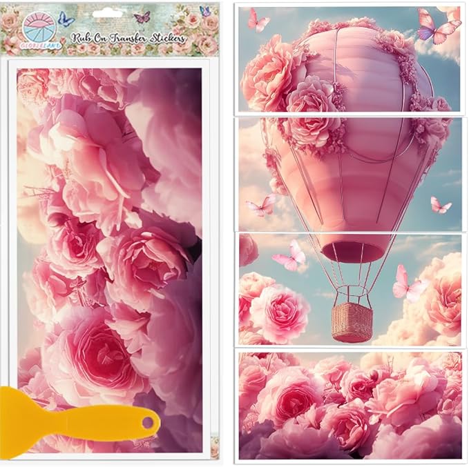 GLOBLELAND 4 Sheets Pink Roses Hot Air Balloons Rub on Transfers Pink Flower Furniture Decor Transfers Romance Butterflies Decal Transfers Stickers for Bedroom Living Room Desk Table Valentine's Day