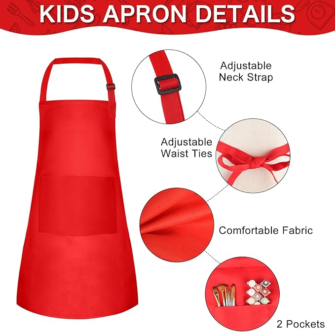 PLULON 6 Pcs Aprons for Kids Adjustable Kids Red Apron Bulk with Pocket Painting Aprons For Boys Girls Painting Cooking Baking (Red)