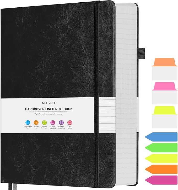 College Ruled Notebook, Large A4 Hardcover Leather Journal, 312 Numbered Pages Writing Journal, 100gsm No Bleed Paper, Lined Journal Notebook for Women Men School Office, 8.5''×11'', Black