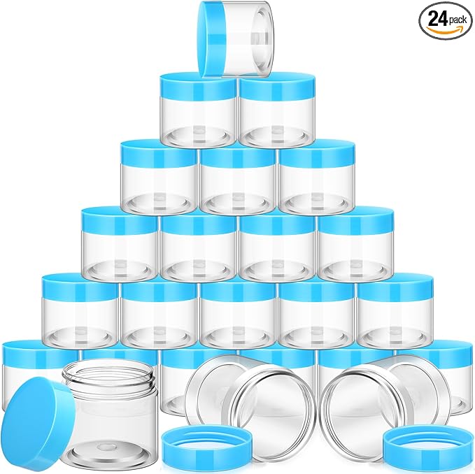 SATINIOR 24 Pieces Empty Clear Plastic Jars with Lids Round Storage Containers Wide Mouth for Beauty Product Cosmetic Cream Lotion Liquid Butter Craft and Food(Blue Lid,4 oz)