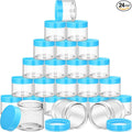 SATINIOR 24 Pieces Empty Clear Plastic Jars with Lids Round Storage Containers Wide Mouth for Beauty Product Cosmetic Cream Lotion Liquid Butter Craft and Food(Blue Lid,6 oz)