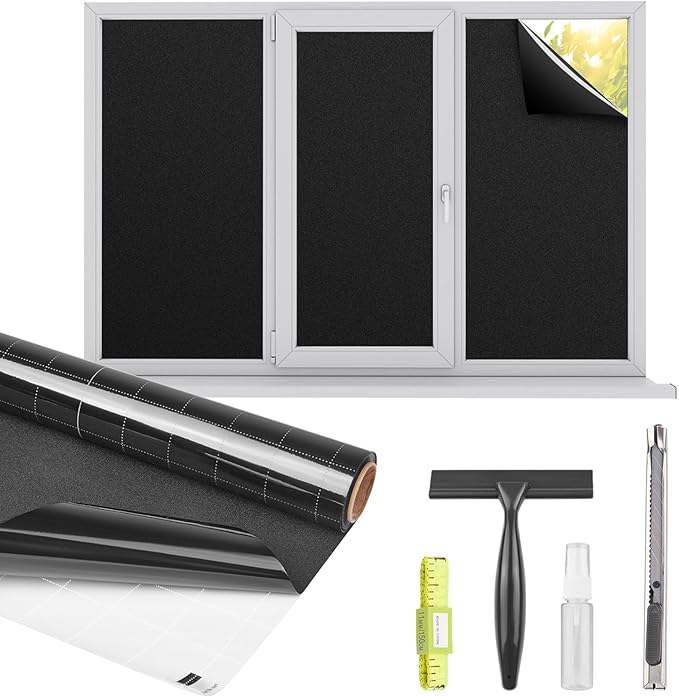 Kromapolis Blackout Window Privacy Film Total Light Blocking Room Darkening Window Covering, Removable Static Cling Frosted Glass Tint, Non-Adhesive, Black 17.5'' x 157.4''
