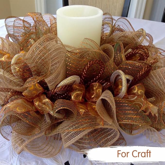 TONIFUL 2 Rolls 10 Inch Dark Gold Decorative Mesh Ribbbon Rolls, Fabric Mesh with Foil for Wreath Supplies, Front Door Wreath Crafts Tree Decor Christmas NewYears Halloween Decoration (10 yds/roll)