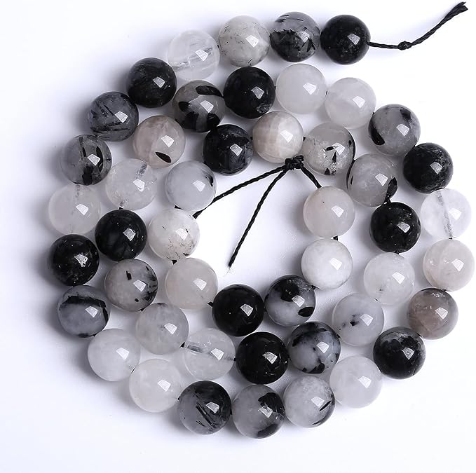 AAA Natural Black Quartz Rutilated Beads Round Loose Beads for Jewelry Making DIY Bracelet 32pcs 12mm Crystal Energy Healing Power Stone (Black Rutilated Quartz Crystal, 12mm)