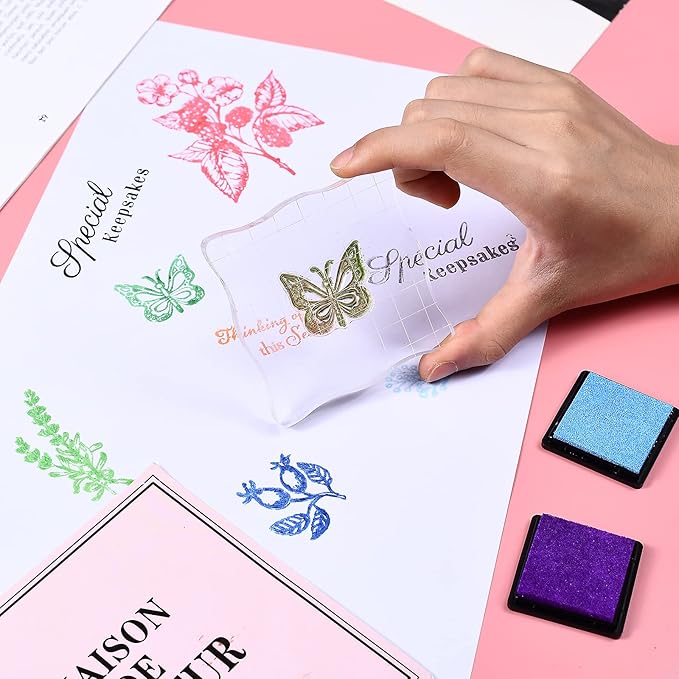 7 Pieces Clear Stamp Blocks, driew Clear Acrylic Stamping Blocks Tools Set with Grid and Grip Decorative Stamp Blocks for Scrapbooking Crafts, Cards, Schedule Book