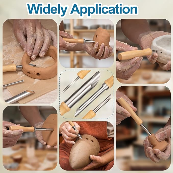 Amrules Clay Tools Kit, 4 PCS Circular Clay Hole Cutters Tools, Wooden Handle and Stainless Steel Sculpting Tools Kit Suitable for Drilling, Carving, Pottery Craft and DIY Projects