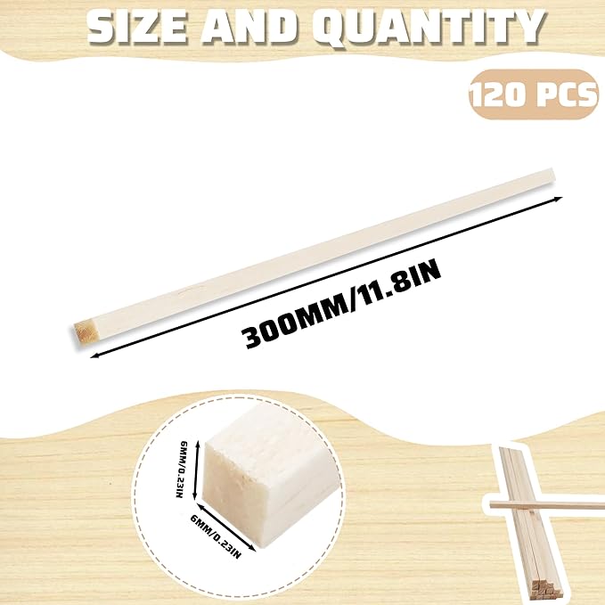 120Pcs Balsa Wood Square Dowels 1/4 x 1/4 x 12 inch DIY Sticks for Crafts Model Making (1/4"x12"-120pcs)