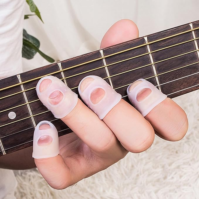 Guitar Fingertip Protector Silicone Thimble 20 PCS Rubber Finger Tips with 5 Sizes (XS-XL),4 Colors for Hand Embroidery Sewing, Carving, Comfort Grip for Guitarists, Office Workers