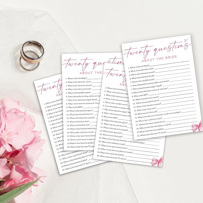 Wedding Shower Games Cards, Twenty Questions About The Bride, Bridal Shower Games 25 Guests, Engagement Party Wedding Games for Guests, Pink Ribbon Bow Wedding Party Supplies - E05