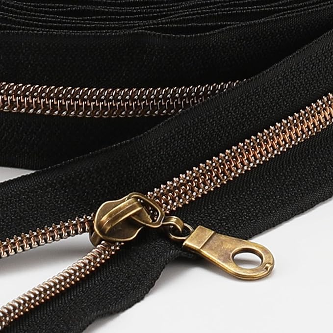 Sawoake 10 Yards Bulk Zipper(#5), Black Nylon Coil Zipper with Antique Brass Teeth by The Yards, Replacement Sewing Zipper with 10PCS Zipper Sliders for DIY Sewing Craft Bags(#5 Antique Brass Black)