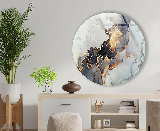 My Photostation.com 10''(25cm) Diameter Gold Details Gray Marble Round Glass Wall Art Tempered Glass Printing Wall Decor Large Wall Art Wall Hangings