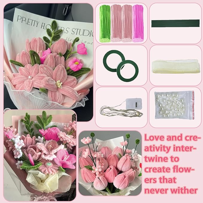 LOLEDE 400Pcs Pipe Cleaners Craft Kit, 3 Colors Chenille Stems for DIY Artificial Flower Making with Floral Wires, Gardening Tape, LED String Lights, Pearl Beads & Ribbon (Pink)