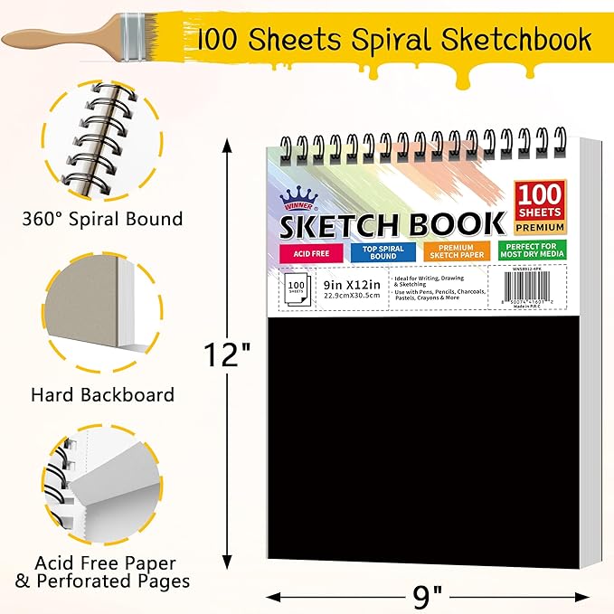 WINNER 9" x 12" Sketch Book 4 Pack, 400 Sheets Spiral Bound Art Sketchbook, 68lb/100gsm White Acid Free Drawing Pad, Painting Drawing Writing Sketch Pad, Art Supplies for School, Kids, Adults &Teens
