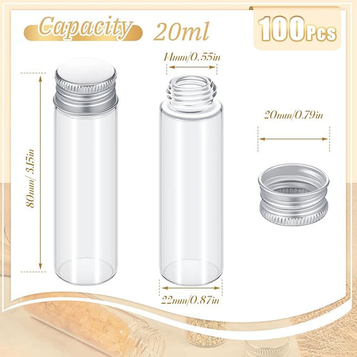 100 Pcs Small Clear Vials Spice Mini Jars with Lids Mini Glass Bottles with Screw Aluminum Metal Caps Tiny Jars Sample Containers for Powder Cream Cosmetic Jewelry Wedding (20 ml,Silver Caps)