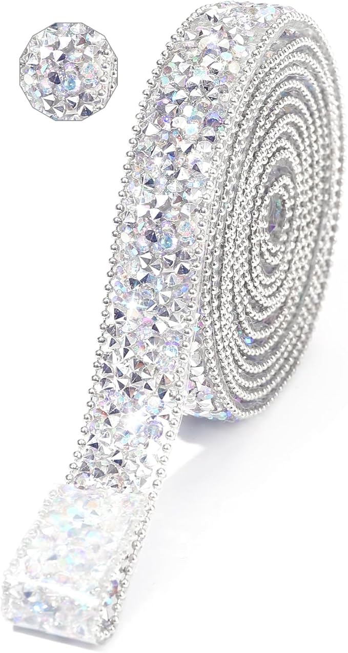 Rhinestone Ribbon 3 Yards Self Adhesive Rhinestone Strips Diamond Ribbon Sticker Crystal Roll Glitter Bling Rhinestones Tape for Crafting DIY Art Decoration (Silver AB,0.6 Inch)