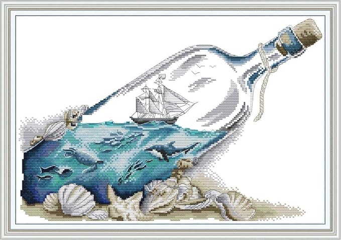 Stitchmelody 14CT Counted Cross Stitch Kits,DMC Unprinted Pattern Embroidery Set Needlework-Sea in a Bottle 16.5''×11.8''