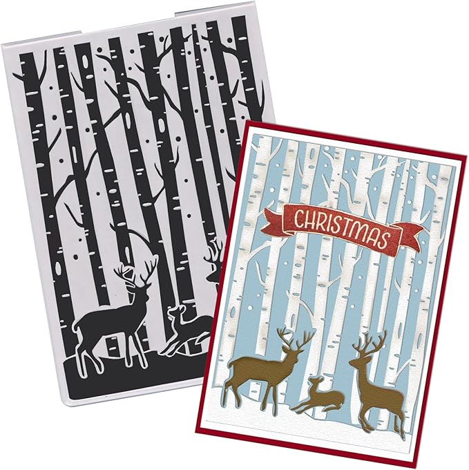 Threetols 3-D Textured Christmas Embossing Folder, Elk Background Embossing Folder for Card Making, Forest Frame DIY Plastic Scrapbooking Photo Album Card Paper DIY Craft Decor Template Mold