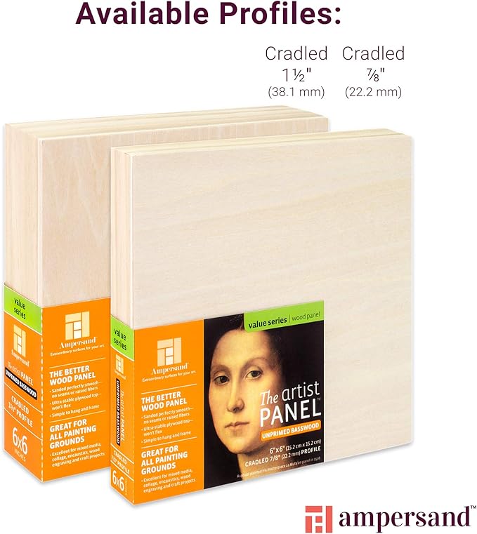 Ampersand Art Supply Unprimed Basswood Artist Panel, 1-1/2" Cradled Profile, 12"x24"