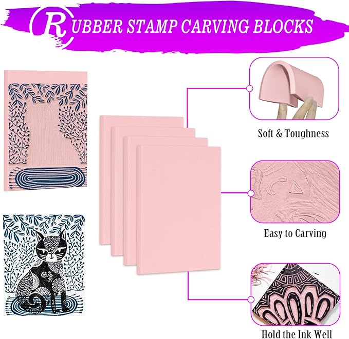 WAYCOM 18 Pcs Rubber Stamp Making Kit, Linoleum Cutter Set, Craft Ink Pad, Hobby Knife, Pencil for DIY Stamp Carving Craft
