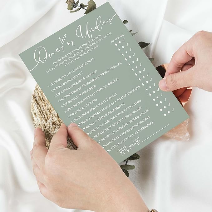 Bridal Shower Games Cards, Guess Over or Under, 25 Guests, Engagement Party Wedding Games, Minimalist Green Wedding Party Supplies - C13, Blue