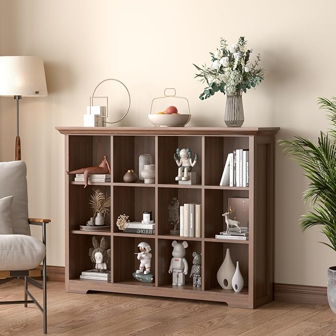 Cube Shelf Bookcase with Base - Wooden 3 Tiers Floor Standing Low Storage Cabinet for Home and Office, 12-Cube Lattice Bookshelf, Walnut