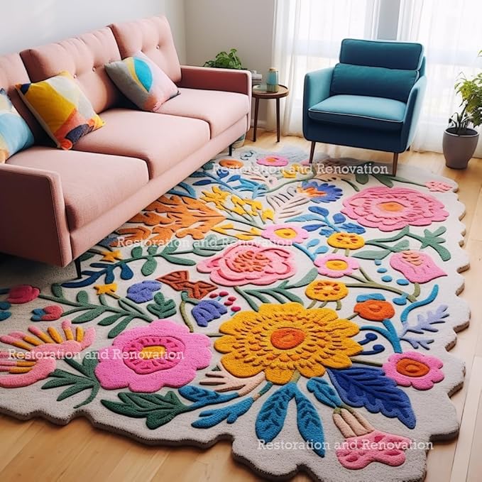 Handmade Wool Floral Area Rug for Living Room | Elegant Flower Garden Design, Soft, Thick and Durable | Bedroom, Dining Room & Home Decor Carpet (3' x 5', Floral H)