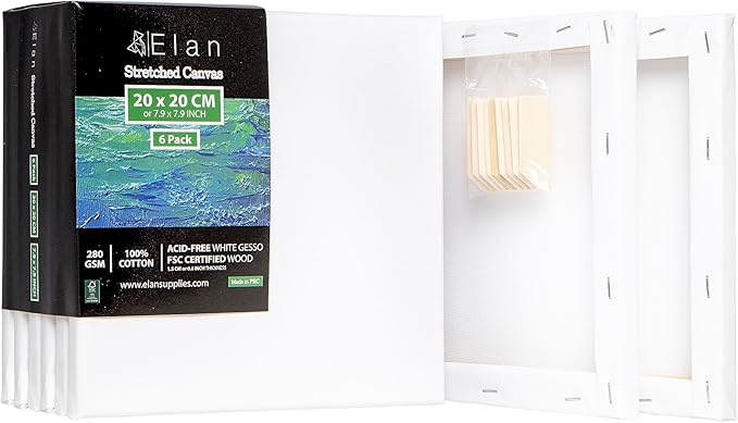 Elan Stretched Canvases 8x8, 6-Pack Canvases for Painting, Painting Canvas Bulk, Stretched Canvas for Adults Blank Canvas for Painting Painting Canvases, Paint Canvases for Painting, Art Canvas