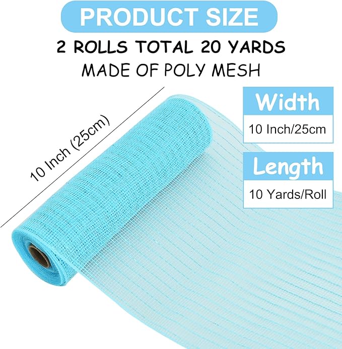 TONIFUL 2 Rolls 10 Inch Sky Blue Decorative Mesh Ribbbon Rolls, Fabric Mesh with Foil for Wreath Supplies, Front Door Wreath Crafts Tree Decor Christmas NewYears Halloween Decoration (10 yds/roll)
