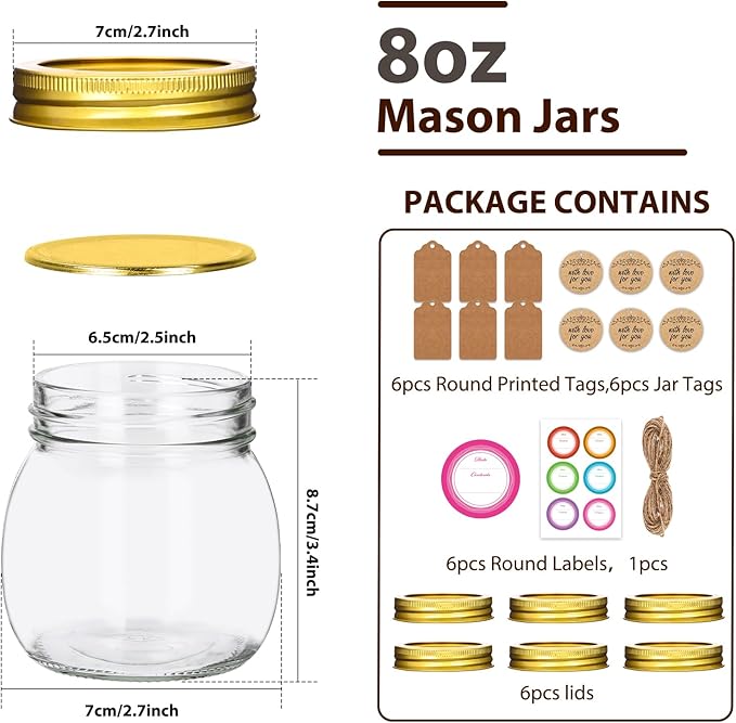 Mason Jars 8 oz 6 Pack with Golden Lids & Bands, 8 oz Glass Jars with Lids with Stickers, Tags and Jute Twine for Spice Storage, Crafts, Wedding Decor