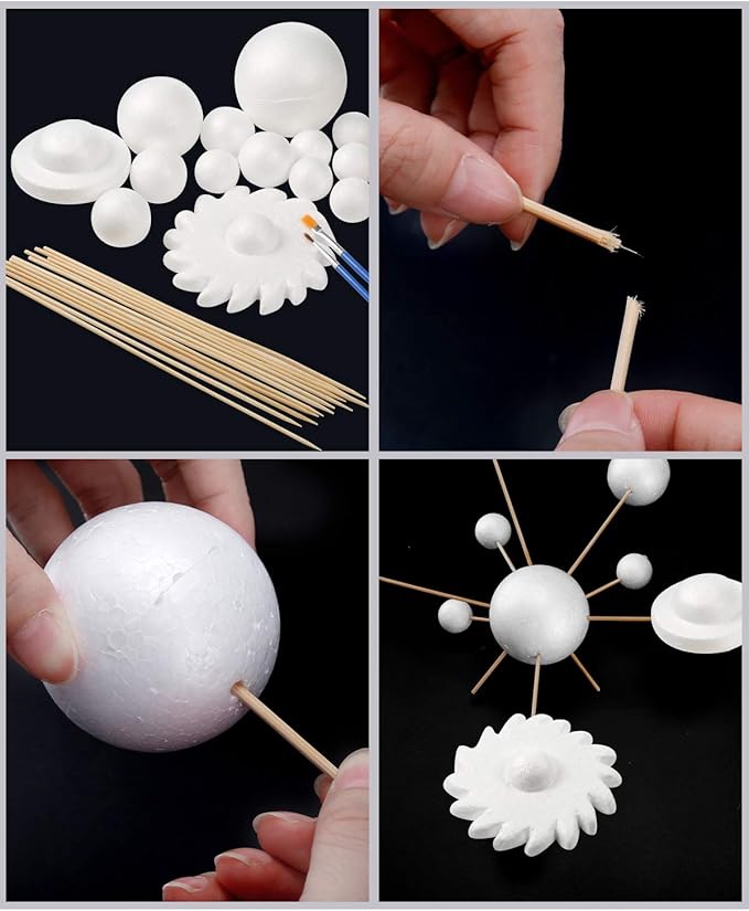 Pllieay Solar System Model Foam Ball Kit Includes 14PCS Mixed Sized Polystyrene Spheres Balls, 12PCS Bamboo Sticks, 12 Color Pigments, 2PCS Painting Brushes for School Science Projects