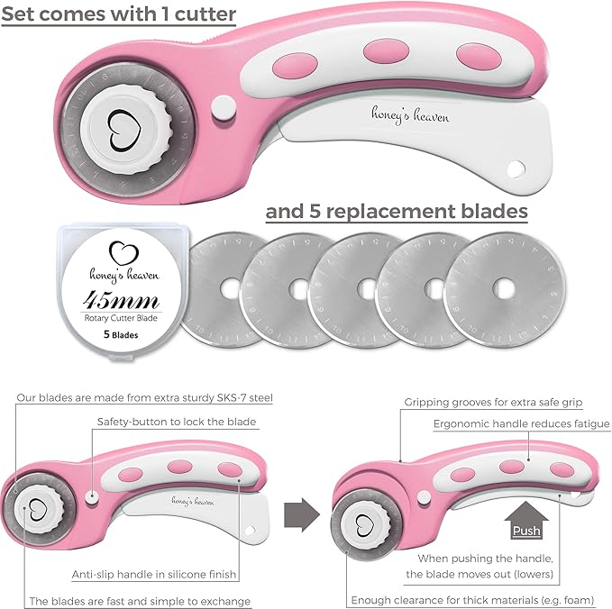 Rotary Cutter Set - Quilting Kit incl. 45mm Fabric Cutter, 5 Replacement Blades, A6 Cutting Mat and Craft Clips - Ideal for Crafting, Sewing, Patchworking, Crochet & Knitting (Pink, A6)