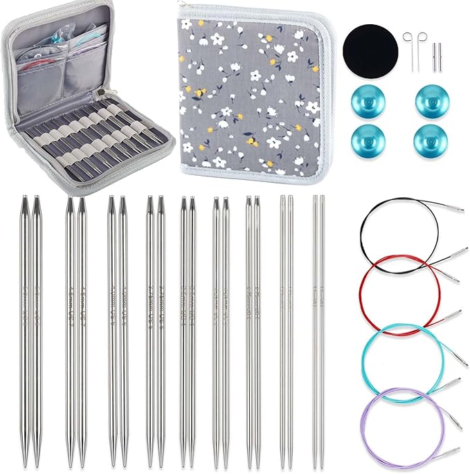 Svartur Lace Interchangeable Circular Knitting Needles, 5" Stainless Steel Interchangeable Knitting Needles Magic Loop for Socks, Gloves, US 0-8 Small Knitting Neeldes Lace-Tip with 4 Assorted Cables