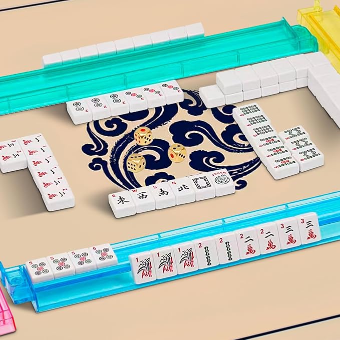 New American Mahjong Game Set, 166 Premium White Tiles with Portable Metal Dices, 4 All-in-One Racks with Pushers, Mah-Jong Games Sets, Ma Jong Tile Game (Red)
