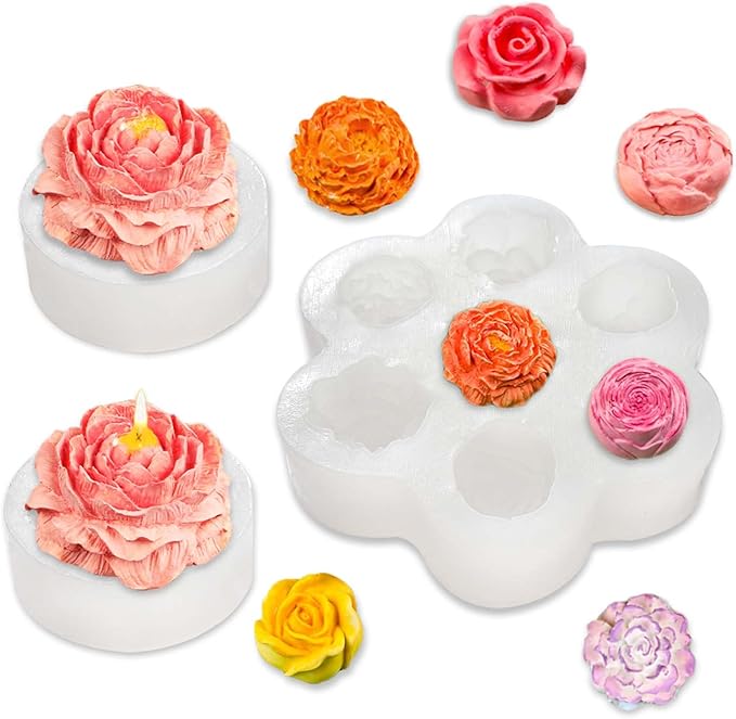3 PCS Rose Flower Silicone Molds,Flower Candle Molds for Candle Making,Rose Peony Fondant Mold for Jelly Chocolate Cake Decorating, Epoxy Resin Wax Soap Clay Plaster Home Décor Handmade