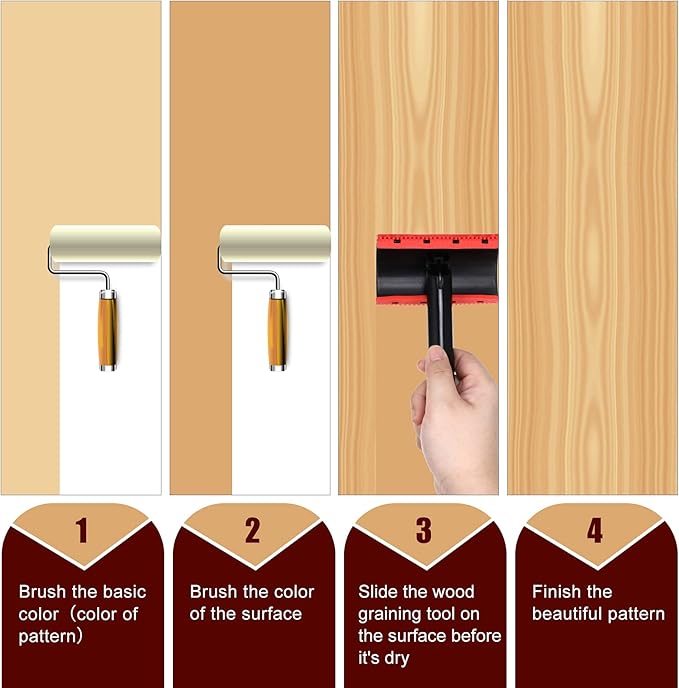Honoson Set of 3 Wood Graining Tool Wood Graining Painting Tool Set DIY Texture Rubber Empaistic Roller for Household Wall Room Art Paint Decoration
