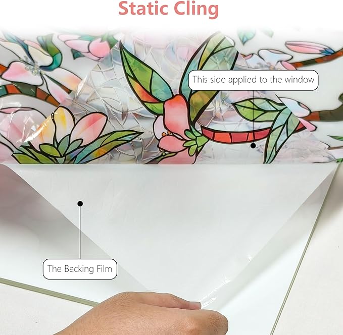 NINETREX Window Privacy Film,3D Stained Glass Window Film,Rainbow Static Cling Stickers Blocks Heat & UV,Non-Adhesive Vinyl for Home Door (Peach Blossom,17.5 x 157.4inch)