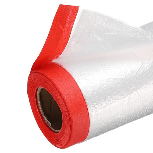 uxcell Pre-Taped Masking Film, 3.6ft x 66ft High-Tack Painters Tape Plastic Drop Cloth with High-Tack Painters Tape for Painting Protection Red 3Pcs