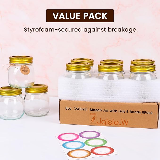 Mason Jars 8 oz 6 Pack with Golden Lids & Bands, 8 oz Glass Jars with Lids with Stickers, Tags and Jute Twine for Spice Storage, Crafts, Wedding Decor