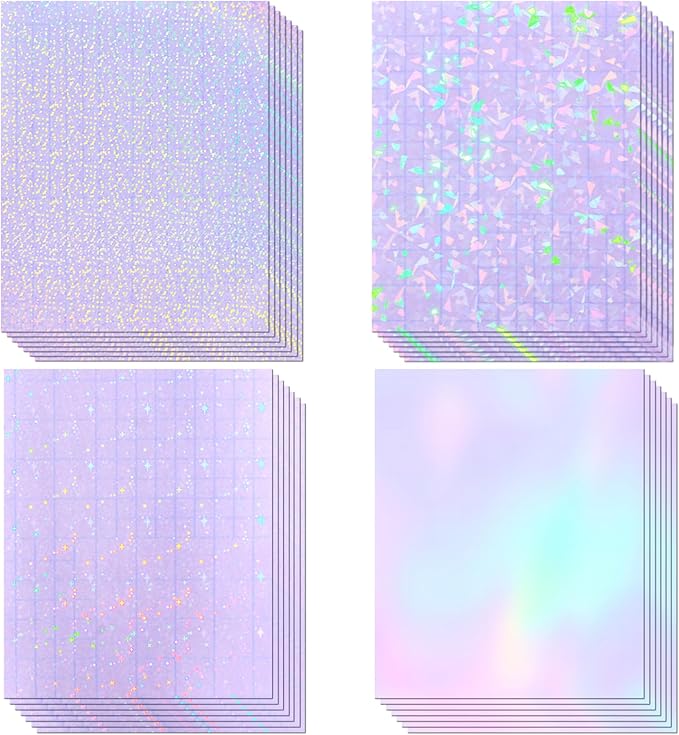 36 Sheets Holographic Sticker Paper, Transparent Holographic Vinyl Laminate Film, Clear Overlay Lamination Sticker Paper Self Adhesive Waterproof - Gem, Dot, Colorful, Star Patterns/8.5x11 inch