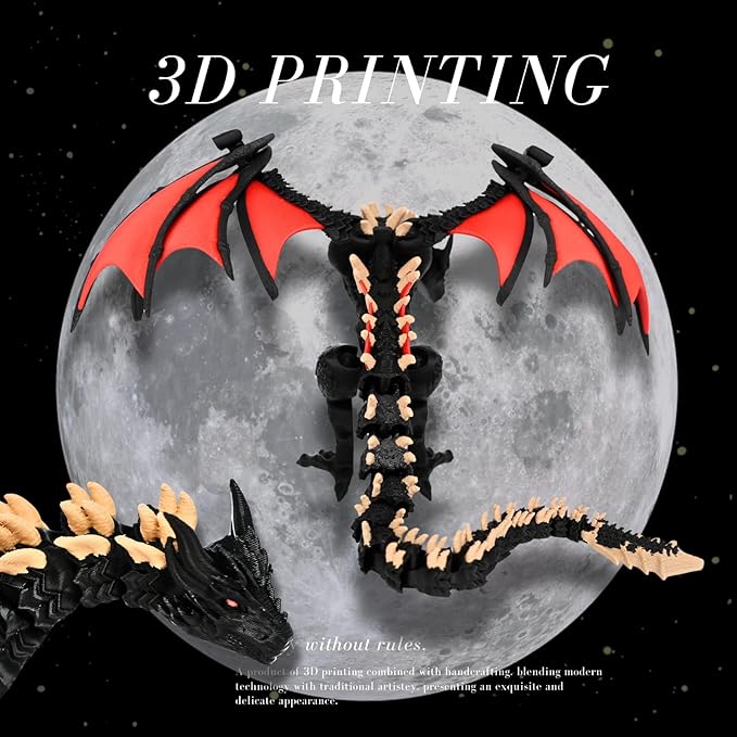 3D Printed Dragon - 12 inch Flying Flexible Dragon with Wings, Home Decor, Birthday Gift, Desk Pet(Red Black-Dragon)(Red Gold-Dragon)