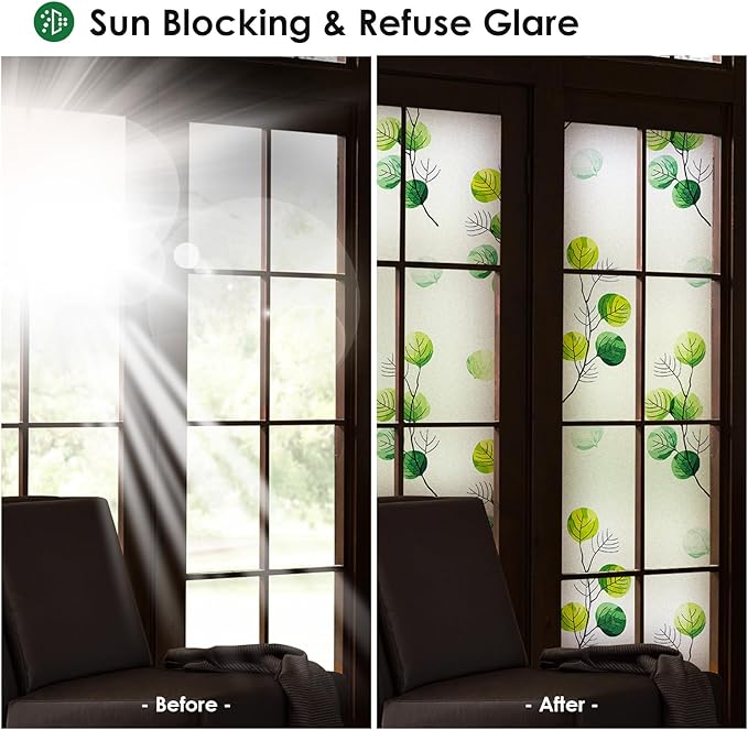 DKTIE Eucalyptus Leaves Stained Glass Window Film with Installation Tools, INS Style Window Privacy Film Decorative, Nordic Style for Home Decor (S541, 17.7'' x 118.1'')