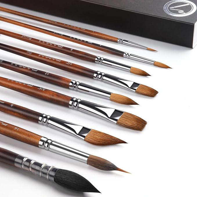 Watercolor Brushes Professional, Fuumuui 9pcs Sable Paint Brushes & Natural Squirrel Mop Brush Set with Extended Needle, Round Point, Flat, Dagger, Quill Wash for Watercolor Gouache Inks