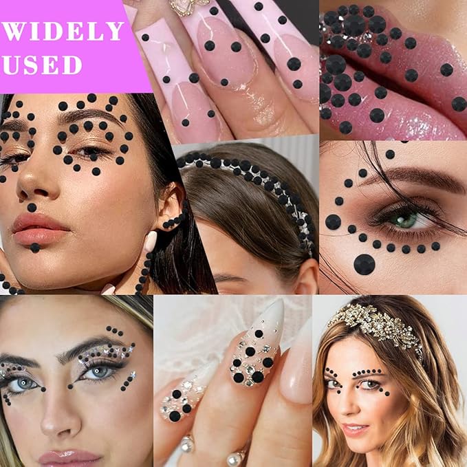 1799pcs Self Adhesive Face Gems Stickers, Hair Gems Rhinestones Stickers, Bling Jewels for Makeup, Crafts, Home Decor Scrapbooking Embellishments, 4 Sizes 3mm/4mm/5mm/6mm(Black Rhinestones)