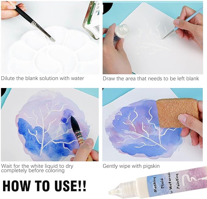 Blue Watercolor Masking Fluid - Professional Art Supplies with Brush & Eraser for Artists, Painting Medium Pen
