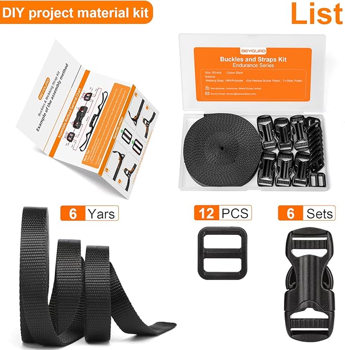 5/8" Buckle and Strap Set: 6 Yards of Thick Nylon Webbing, 6 Pack Quick Side Release Adjustable Plastic Buckles, 12 Tri-Glide Slide Clips, Black (5/8" Combo Set)